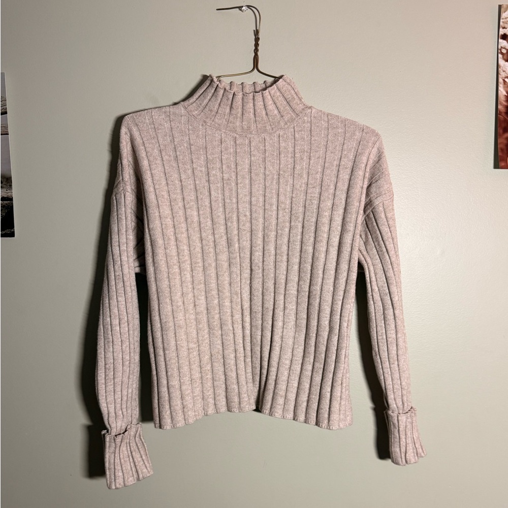 Cozy Ribbed Cowl-Neck Sweater in Light camel